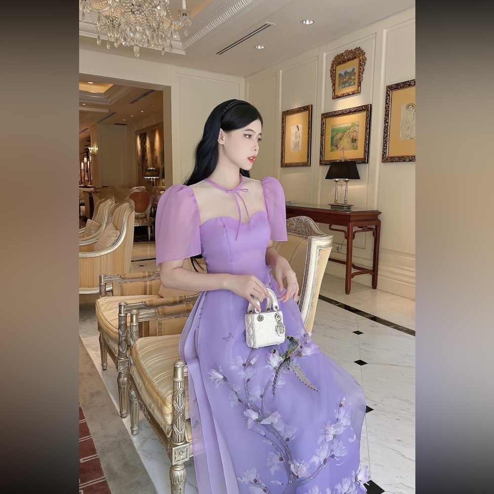 Small USA-Luxury - Purple Puffy Sleeve Ao Dai Set | Modernized Vietnamese Ao Dai